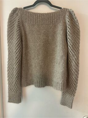 LoveShackFancy Alpaca Taupe Open-Stitch Puff-Sleeve Crew Sweater